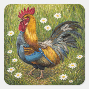 Pegatina Cuadrada Gallo Colorido en Prado de Margaritas – Arte de la