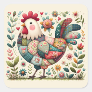 Pegatina Cuadrada Gallo de Folk Patchwork con Acentos Florales