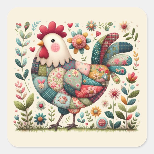 Pegatina Cuadrada Gallo de Folk Patchwork con Acentos Florales (Anverso)