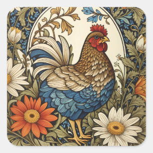 Pegatina Cuadrada Gallo de granja vintage y flores de margarita