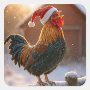 Pegatina Cuadrada Gallo de Navidad cantando con un sombrero de Santa