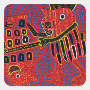 Pegatina Cuadrada Gallo escalando un pez con un machete