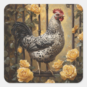 Pegatina Cuadrada Gallo manchado con rosas amarillas pintura al óleo