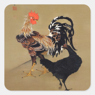 Pegatina Cuadrada Gallo y Gallina por Ito Jakuchu