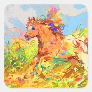 Pegatina Cuadrada Galloping Pony - Arte de libros para niños
