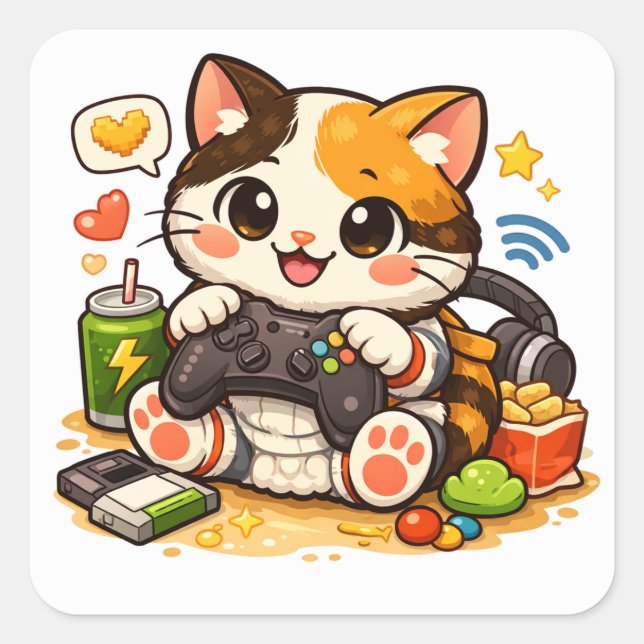 Pegatina Cuadrada Gamer Cat with Controller | Funny Gaming Cat Desig (Anverso)
