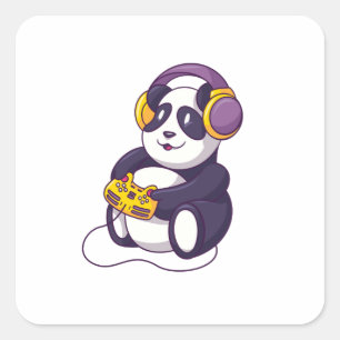 Pegatina Cuadrada Gamer Panda Jugando Videojuegos