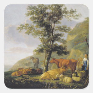 Pegatina Cuadrada Ganado cerca de un río Aelbert Cuyp