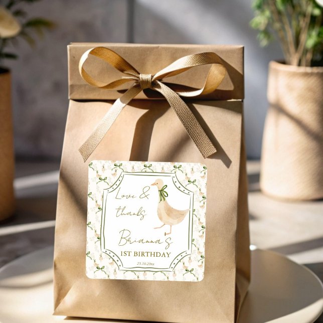 Pegatina Cuadrada Ganado de fiesta de cumpleaños de goose nursery ri (Goose nursery rhymes birthday party favor sticker silly goose personalized favor stickers)