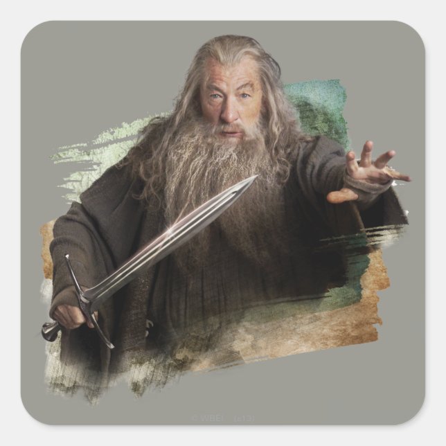 Pegatina Cuadrada Gandalf con espada (Anverso)
