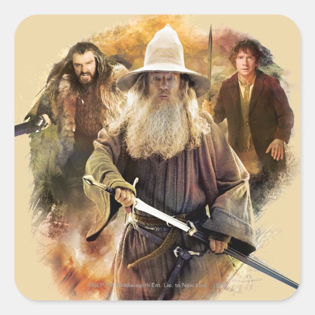 Pegatina Cuadrada Gandalf, THORIN OAKENSHIELD™ y BILBO BAGGINS™ (Anverso)