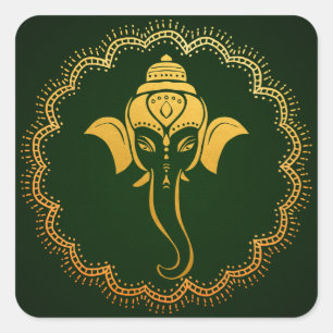 Pegatina Cuadrada Ganesh festivo de oro   Verde boda india