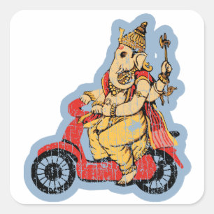 Pegatina Cuadrada Ganesha montando un Scooter