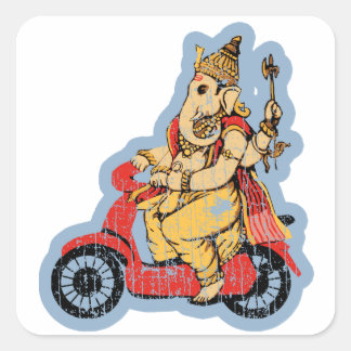Pegatina Cuadrada Ganesha montando un Scooter