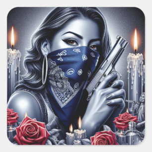 Pegatina Cuadrada Gangster Chica Hip Hop arte chicano Diseño