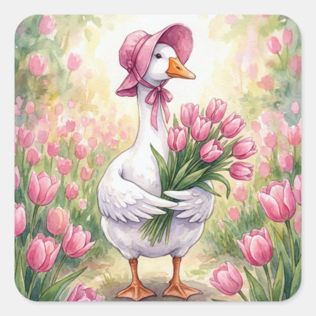 Pegatina Cuadrada Ganso Blanco Con Tulipanes Rosas (Anverso)