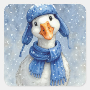 Pegatina Cuadrada Ganso de invierno blanco acuarela con bufanda azul
