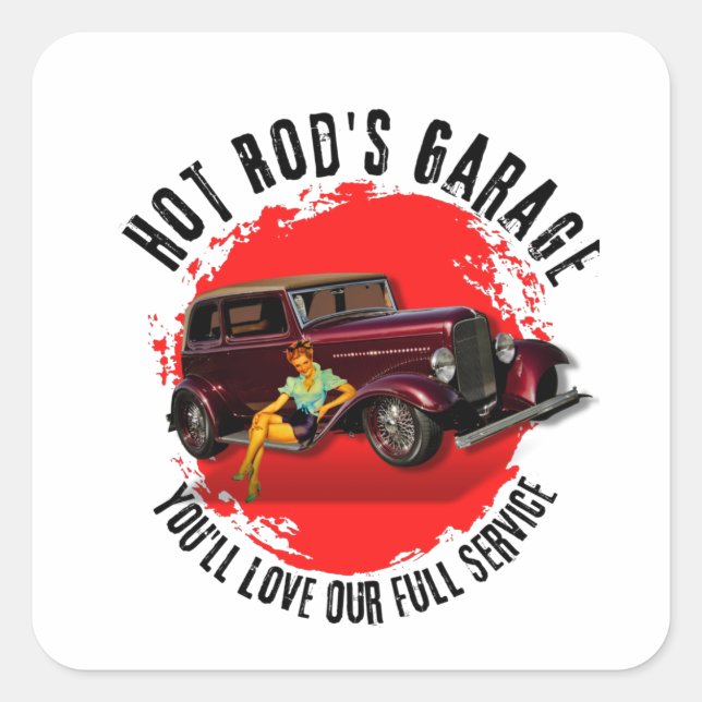 Pegatina Cuadrada Garaje de Hot Rod (Anverso)