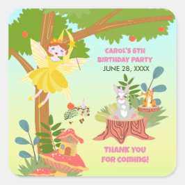 Pegatina Cuadrada Garden Fairy con amigos mascotas Birthday Party