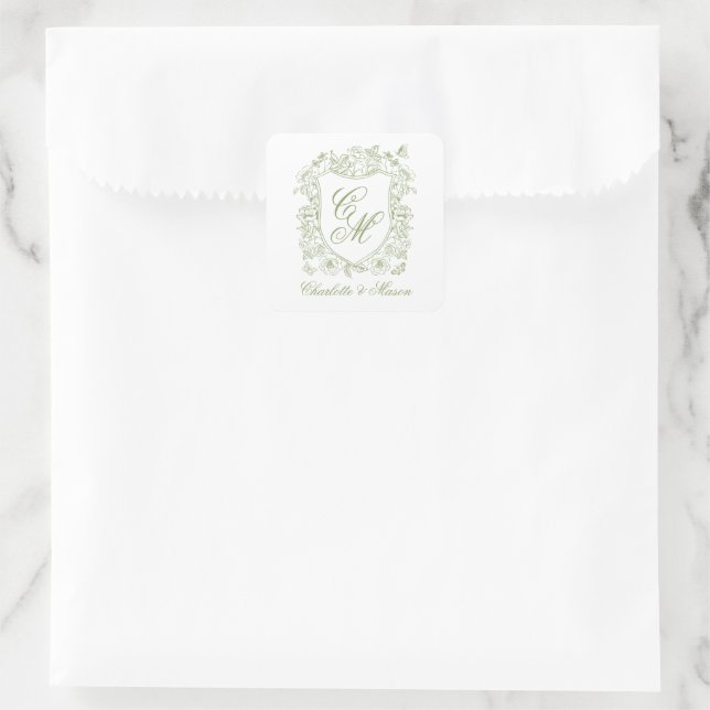 Pegatina Cuadrada Garden Wedding Sage Green Monogram Crest Sticker (Bolso)