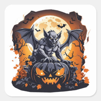 Pegatina Cuadrada Gargoyle sobre la calabaza de Halloween