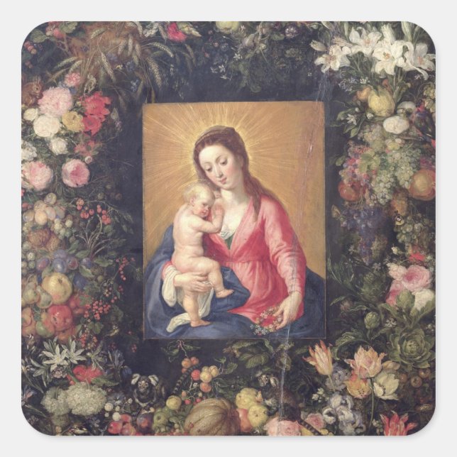Pegatina Cuadrada Garland de frutas y flores con vírgenes y niños (Anverso)