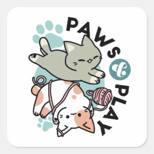 Pegatina Cuadrada Garras y Juego – Ilustración de Gato Adorable