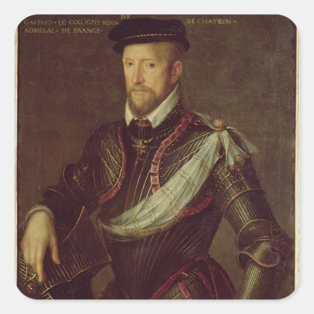 Pegatina Cuadrada Gaspard II de Coligny Admiral de Francia (Anverso)