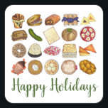 Pegatina Cuadrada Gastronomía judía Felices Fiestas Cena<br><div class="desc">El diseño presenta un ilustracion original de una variedad de platos populares en la cocina judía: babka, bagel con queso crema y lox, rugelach, blintzes de arándano azul, hamantash, sandwich de uben, piquete de eneldo kosher, matzah, pichón de espinacas, shakshuka, todo bagel, macaroón de coco, ensalada israelí, kugel, boukrekrekrauchu. como,...</div>