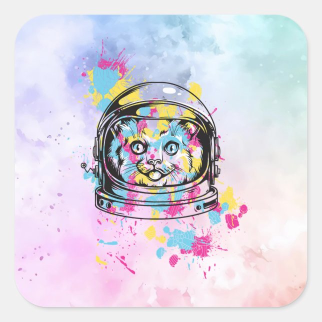 Pegatina Cuadrada Gata Astronauta (Anverso)