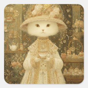 Pegatina Cuadrada Gata Lady Snow – Gato Victoriano con Taza de Té