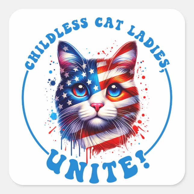 Pegatina Cuadrada Gatitas sin hijos unen a Kamala Harris (Anverso)