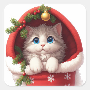 Pegatina Cuadrada 🎅 Gatito Adorable Asomándose Desde Media Navideña