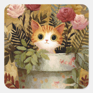 Pegatina Cuadrada Gatito Adorable Asomándose Desde una Olla