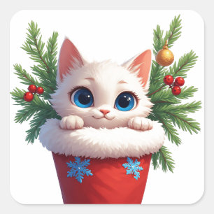 Pegatina Cuadrada ❄️ Gatito Adorable Calcetín Navideño 🐾