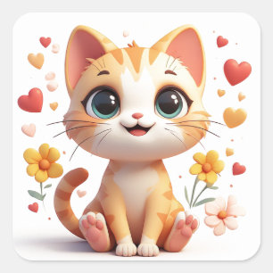 Pegatina Cuadrada Gatito Adorable Con Corazones Florales Y Sonrisa �
