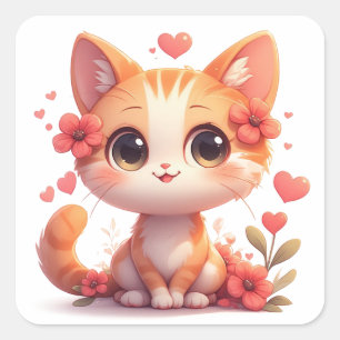 Pegatina Cuadrada Gatito Adorable Con Corazones Y Flores Gato Feliz