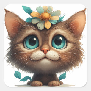 Pegatina Cuadrada Gatito Adorable Con Flores💖