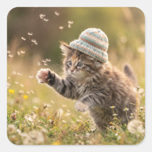 Pegatina Cuadrada Gatito Adorable con Gorro Jugando con Dientes de L