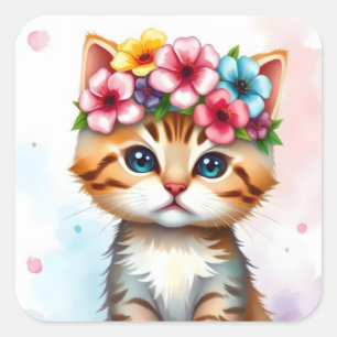 Pegatina Cuadrada gatito adornado con una colorida corona de flores