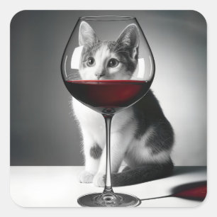 Pegatina Cuadrada Gatito asomándose a través de una copa de vino