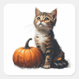 Pegatina Cuadrada Gatito Atigrado En Parche De Calabaza Escena De Ha