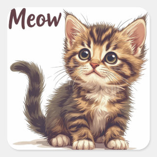 Pegatina Cuadrada Gatito Atigrado Juguetón Con Cota De Meow Amante D