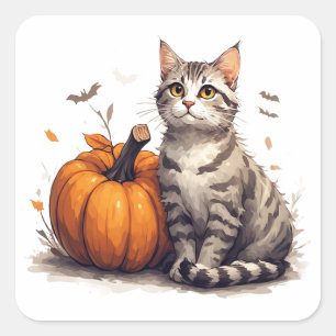 Pegatina Cuadrada Gatito atigrado lindo con diversión de Halloween d