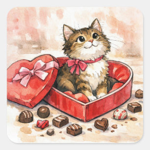 Pegatina Cuadrada Gatito atigrado sentado en una caja de caramelos