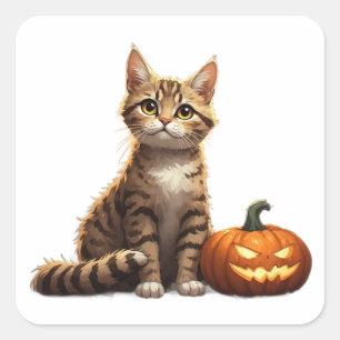 Pegatina Cuadrada Gatito atigrado tema de otoño de Halloween 🎃