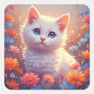 Pegatina Cuadrada Gatito Blanco Adorable Con Flores 💖
