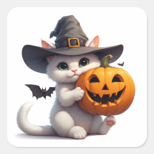 Pegatina Cuadrada Gatito blanco de Halloween Jack O Linterna Calabaz