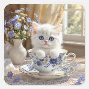 Pegatina Cuadrada Gatito blanco en una taza de té