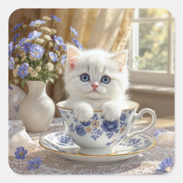 Pegatina Cuadrada Gatito blanco en una taza de té (Anverso)